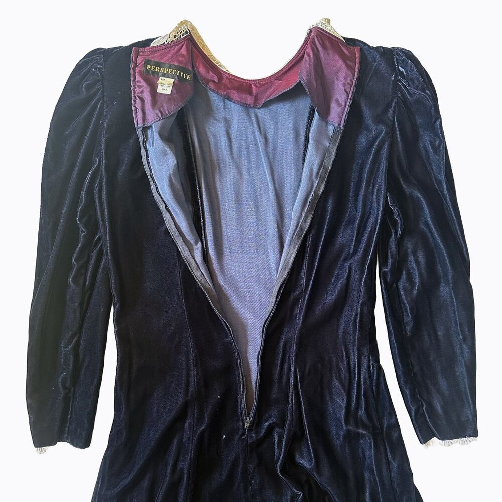 Vintage Navy Velvet Dress 6 Lace Collar Whimsigoth Goth Victorian Dark Romance - Picture 7 of 12